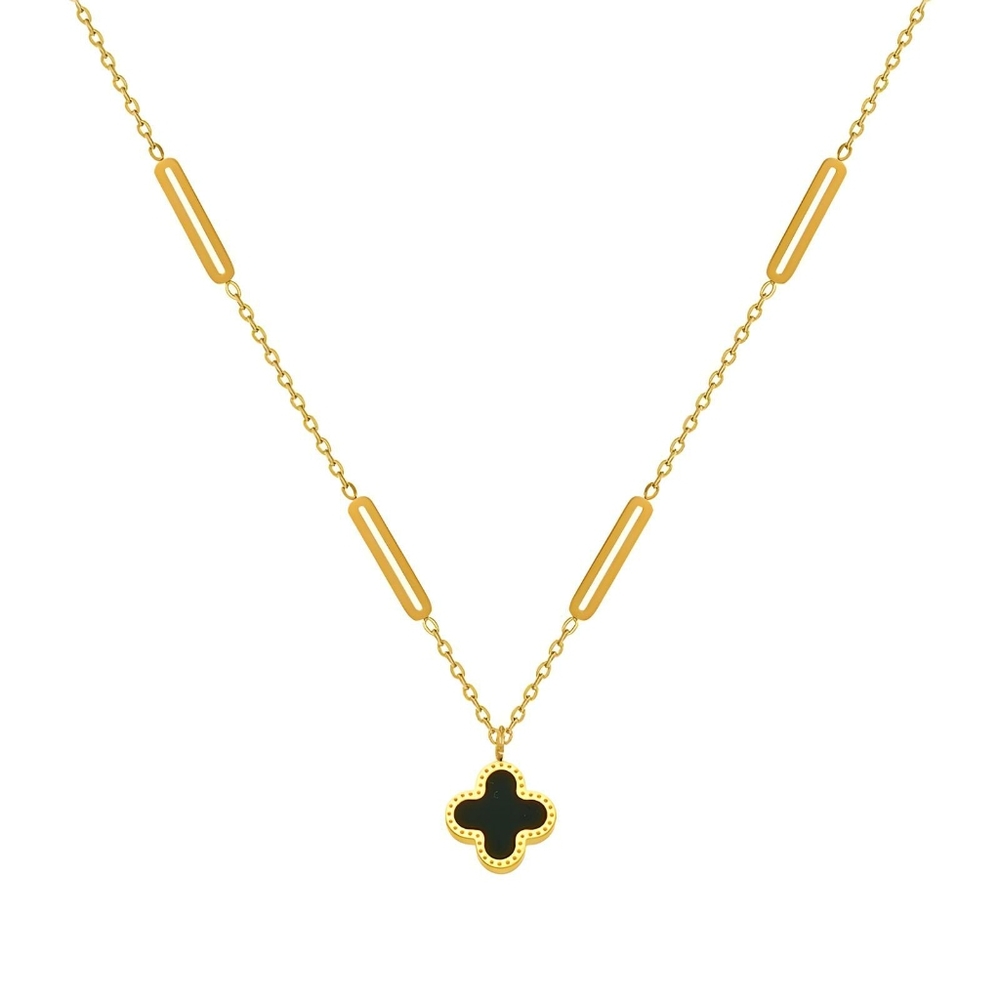 Brand New 18K Gold Four Leaf Clover Black Cubic Zirconia Inlay Necklace